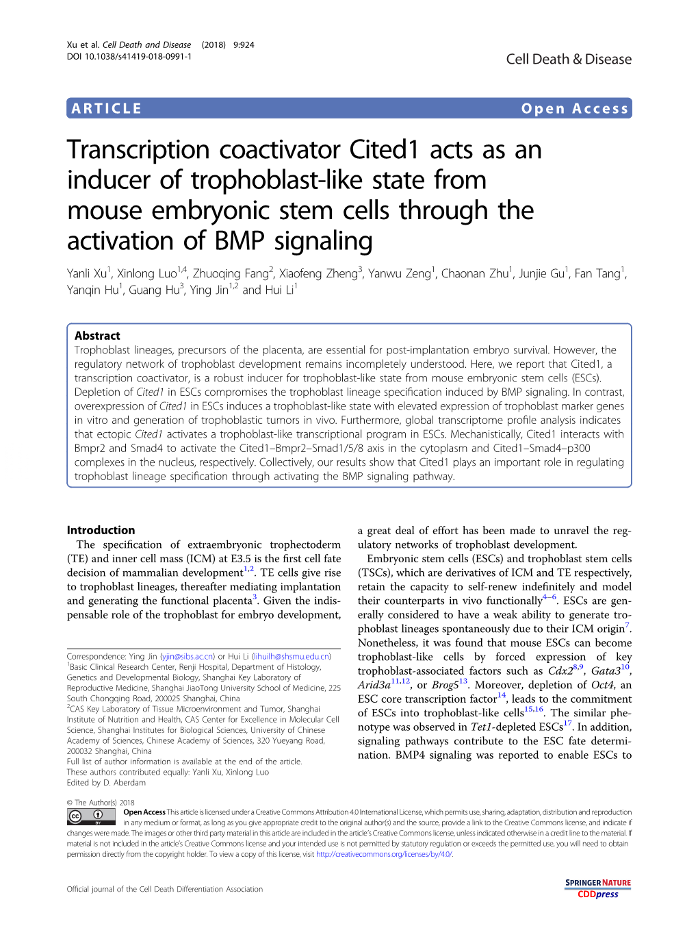 Transcription Coactivator Cited1 Acts As an Inducer of Trophoblast-Like