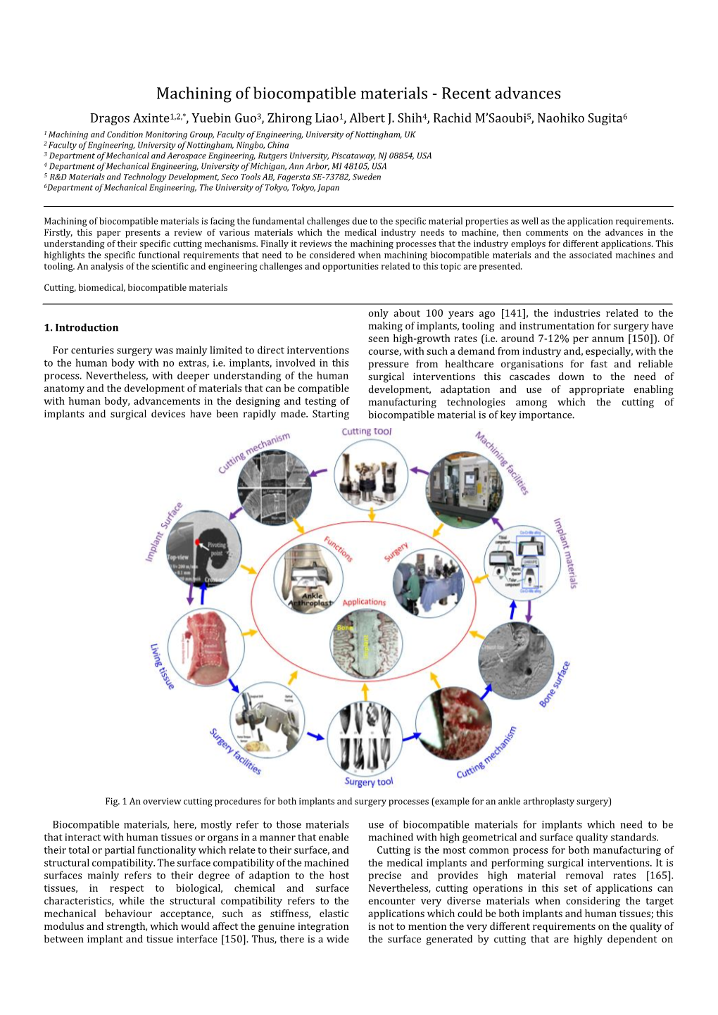 Machining of Biocompatible Materials - Recent Advances Dragos Axinte1,2,*, Yuebin Guo3, Zhirong Liao1, Albert J