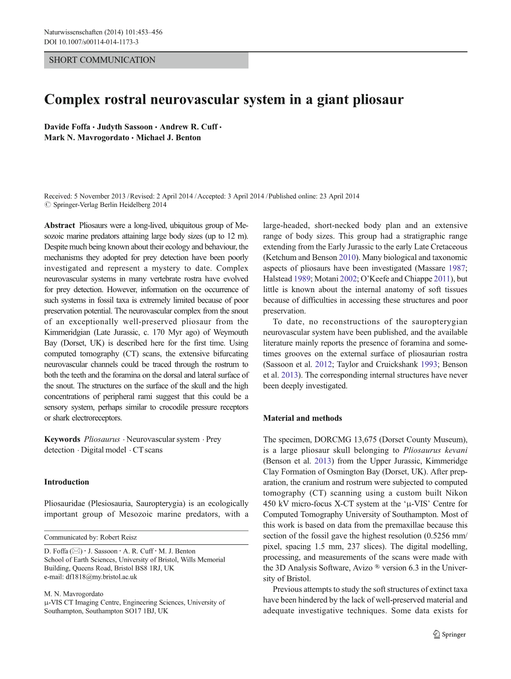 Complex Rostral Neurovascular System in a Giant Pliosaur