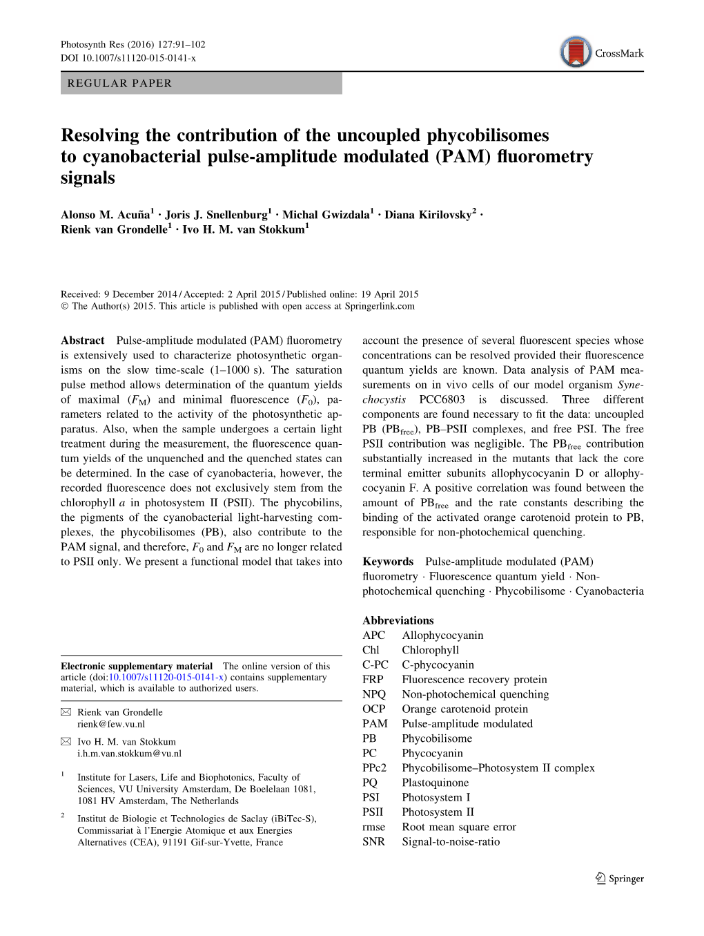 Resolving the Contribution of the Uncoupled Phycobilisomes to Cyanobacterial Pulse-Amplitude Modulated (PAM) ﬂuorometry Signals