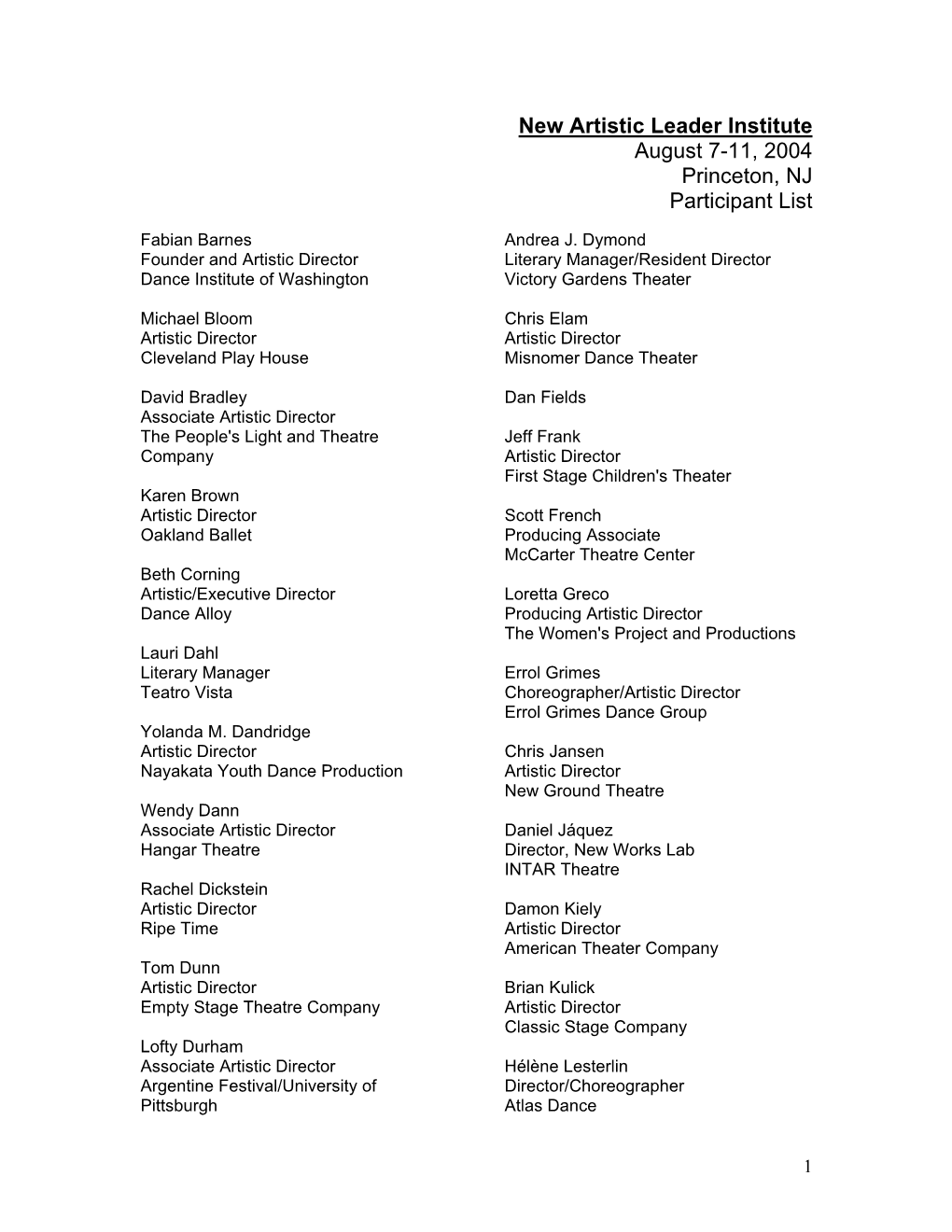 New Artistic Leader Institute August 7-11, 2004 Princeton, NJ Participant List