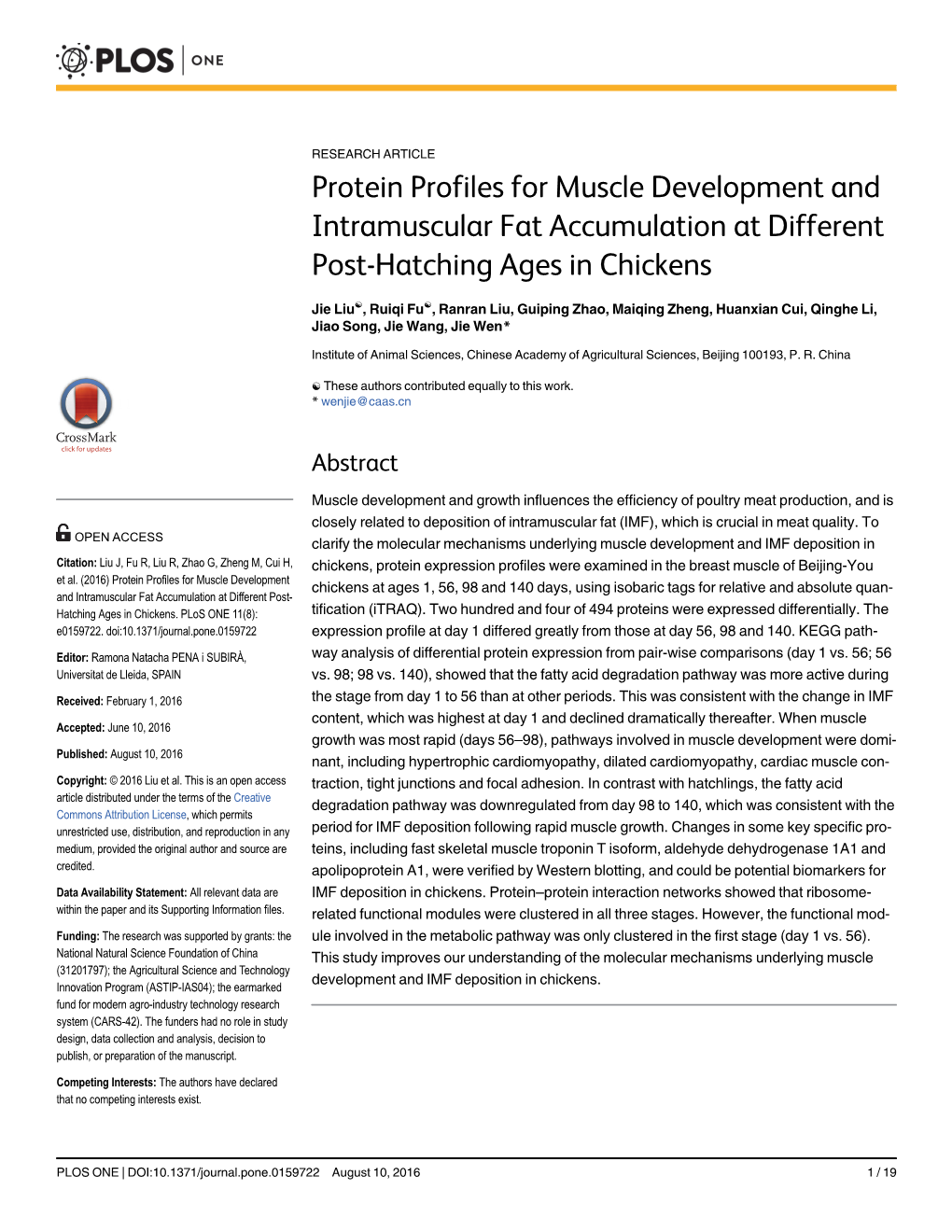 Protein Profiles for Muscle Development and Intramuscular Fat Accumulation at Different Post-Hatching Ages in Chickens