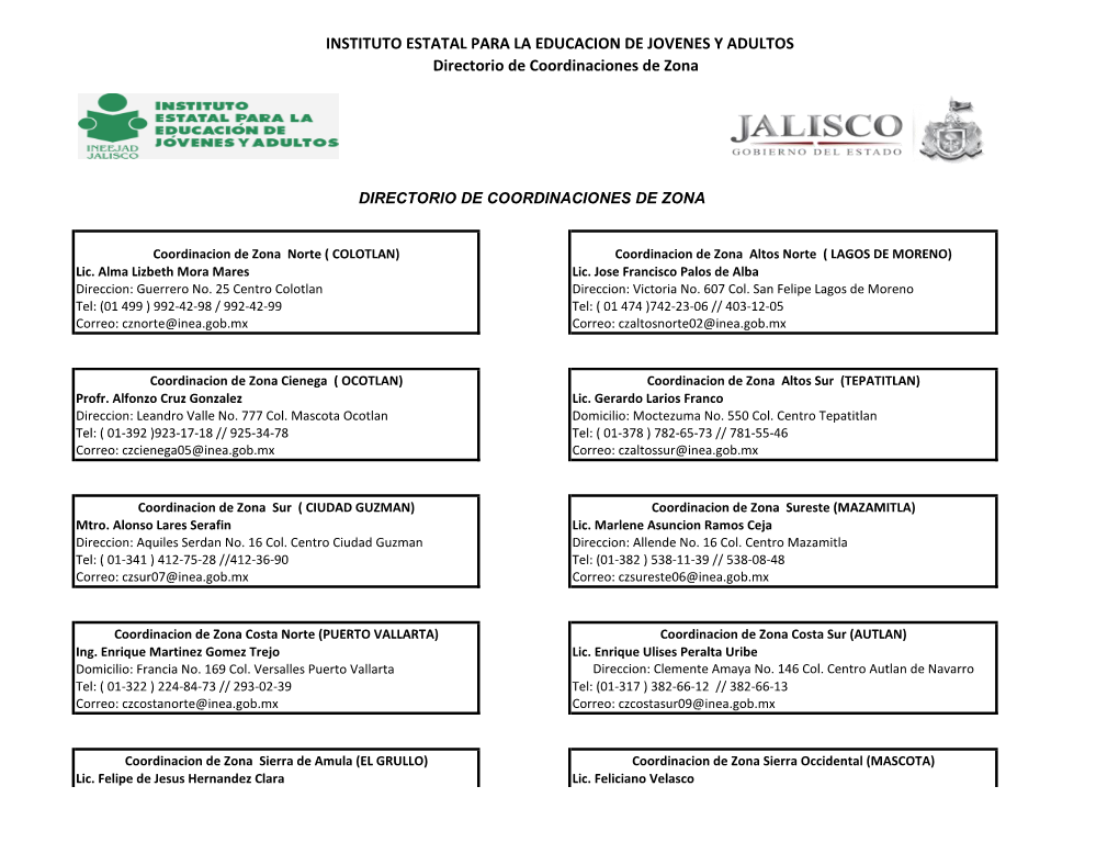 INSTITUTO ESTATAL PARA LA EDUCACION DE JOVENES Y ADULTOS Directorio De Coordinaciones De Zona