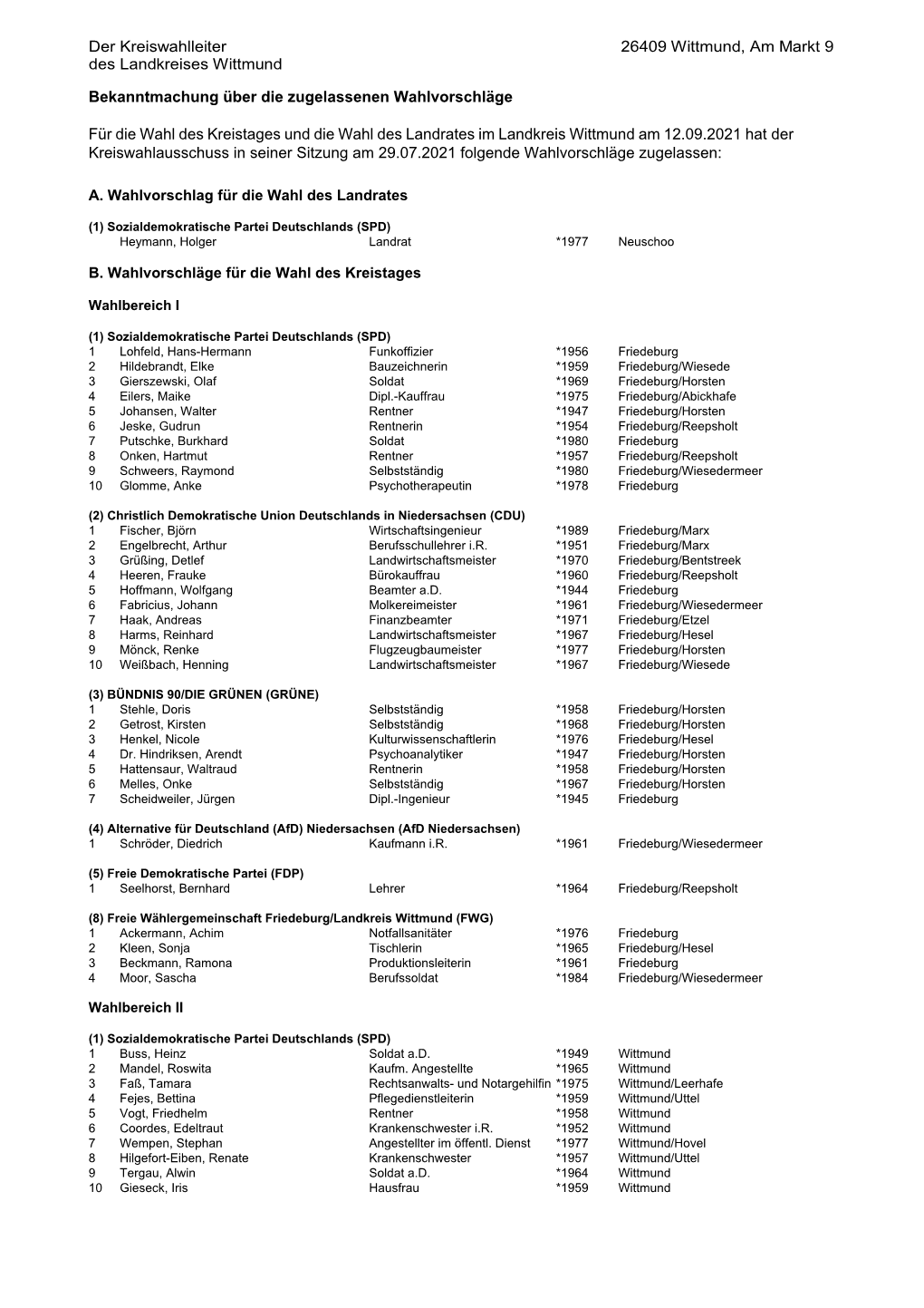 Bekanntmachung Der Zugelassenen Wahlvorschläge Für Die Wahl Des Kreistages Und Die Wahl Des Landrates