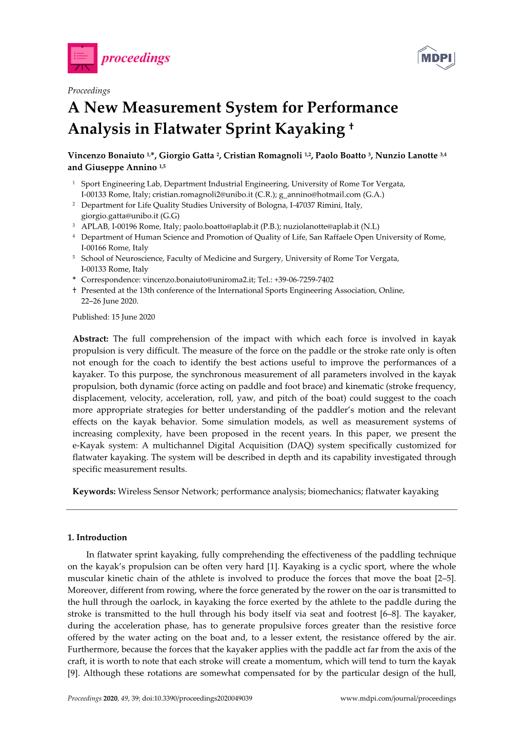 A New Measurement System for Performance Analysis in Flatwater Sprint Kayaking †