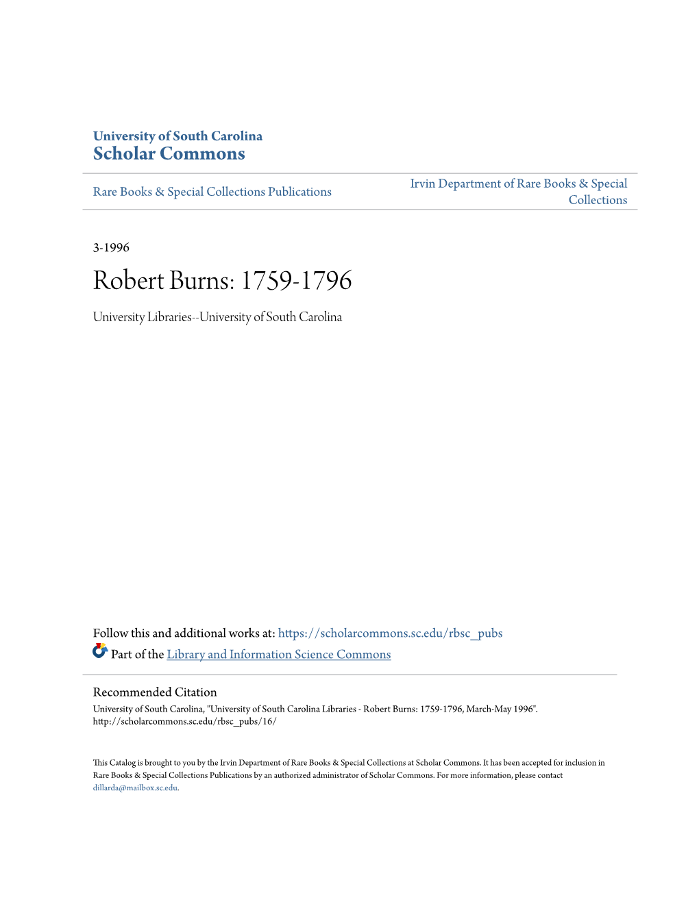 Robert Burns: 1759-1796 University Libraries--University of South Carolina