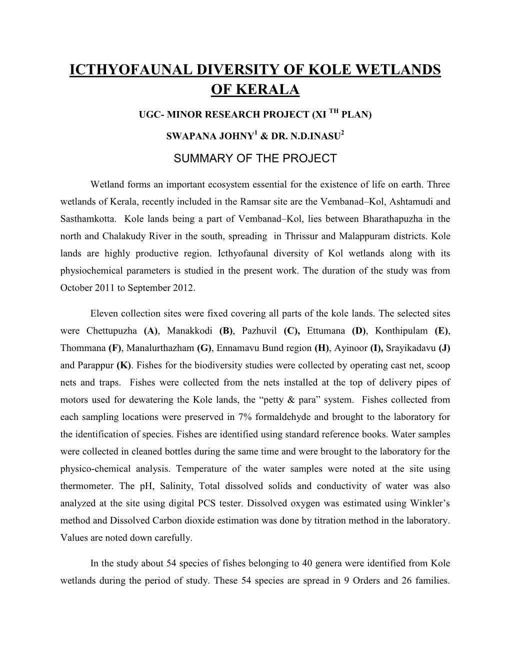 Icthyofaunal Diversity of Kole Wetlands of Kerala