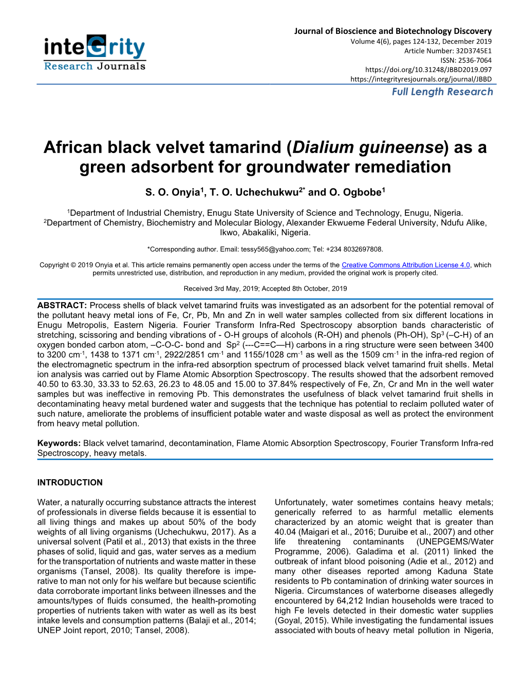 African Black Velvet Tamarind (Dialium Guineense) As a Green Adsorbent for Groundwater Remediation