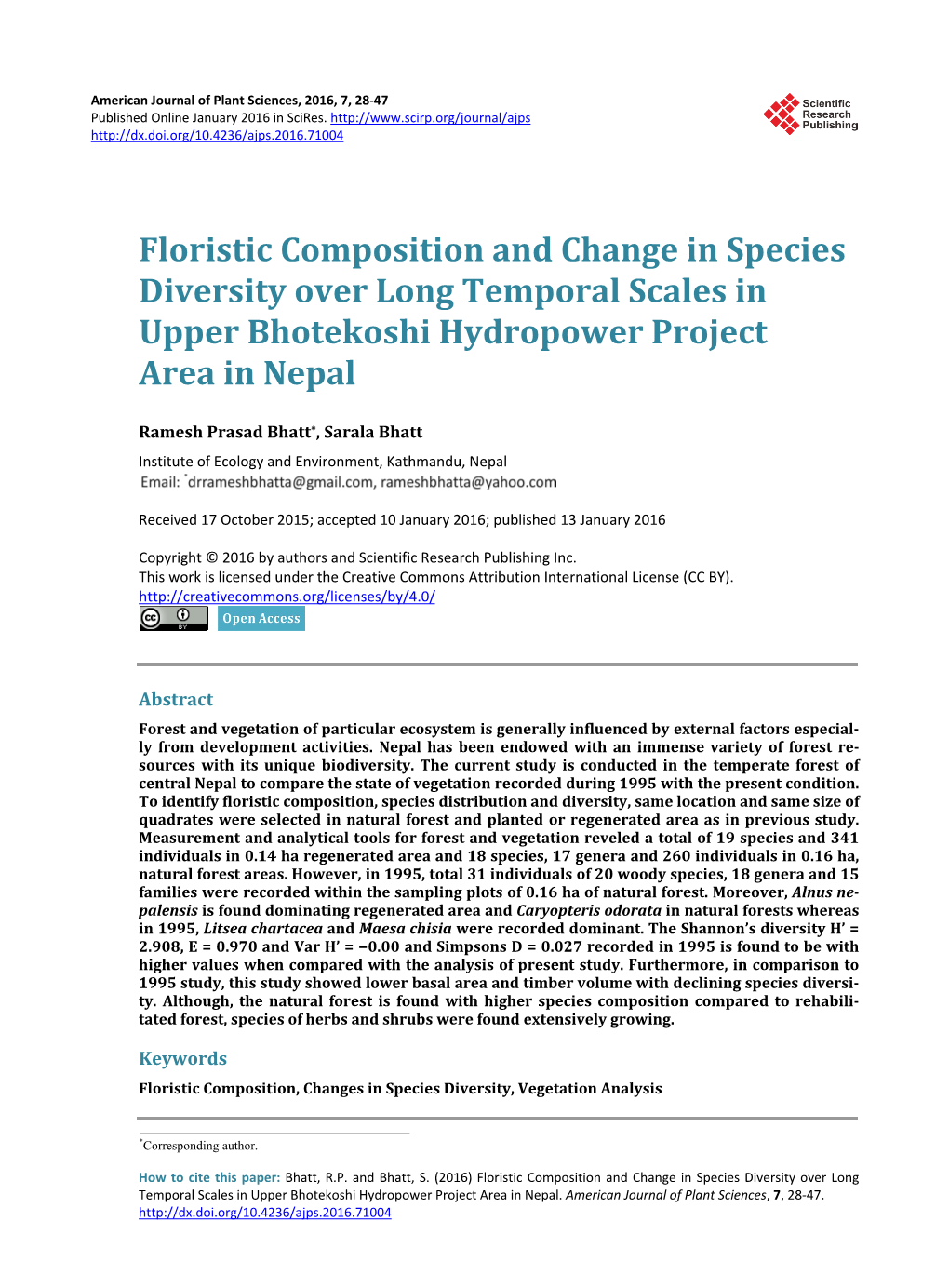 Floristic Composition and Change in Species Diversity Over Long Temporal Scales in Upper Bhotekoshi Hydropower Project Area in Nepal