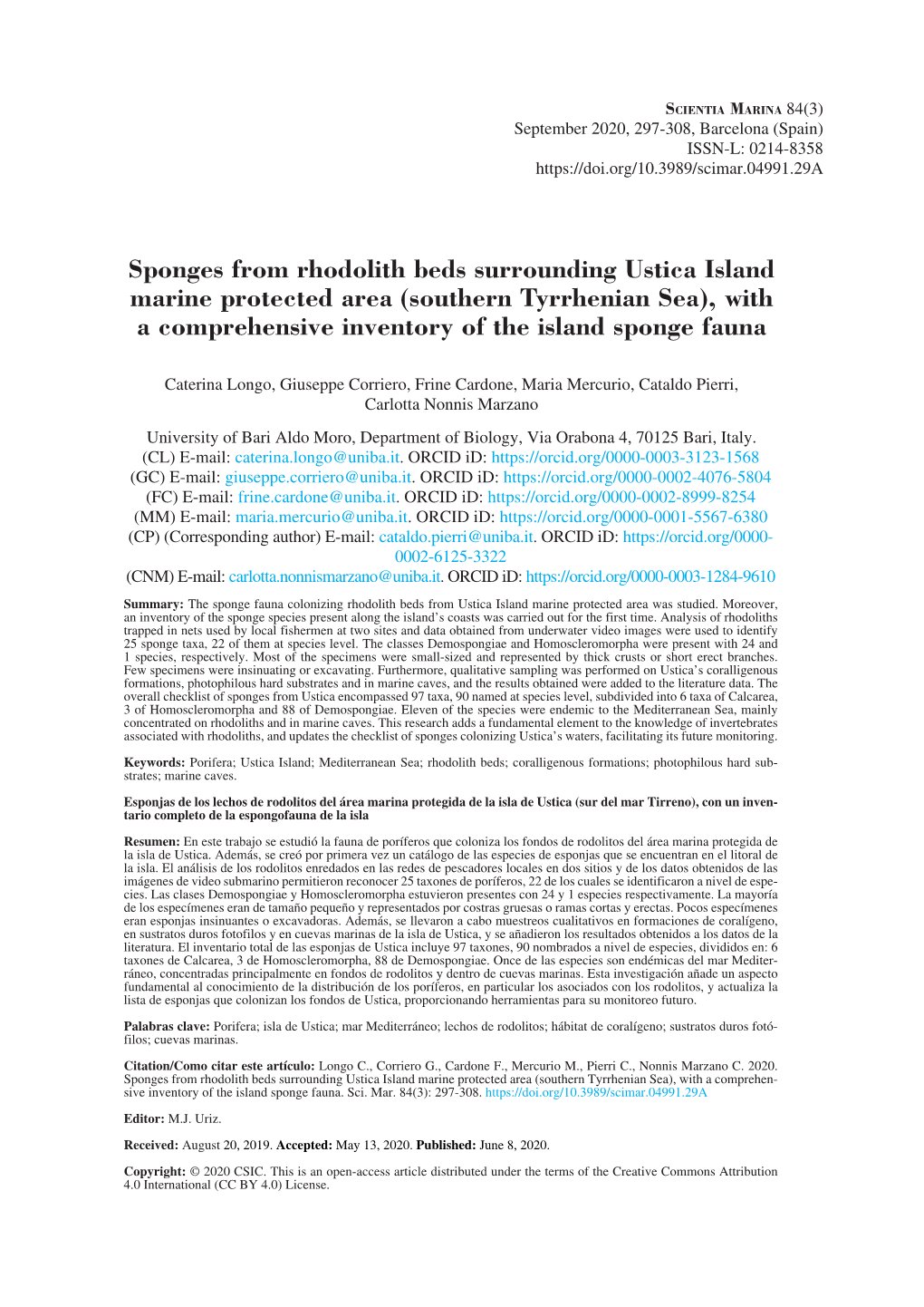 Sponges from Rhodolith Beds Surrounding Ustica Island Marine Protected Area (Southern Tyrrhenian Sea), with a Comprehensive Inventory of the Island Sponge Fauna