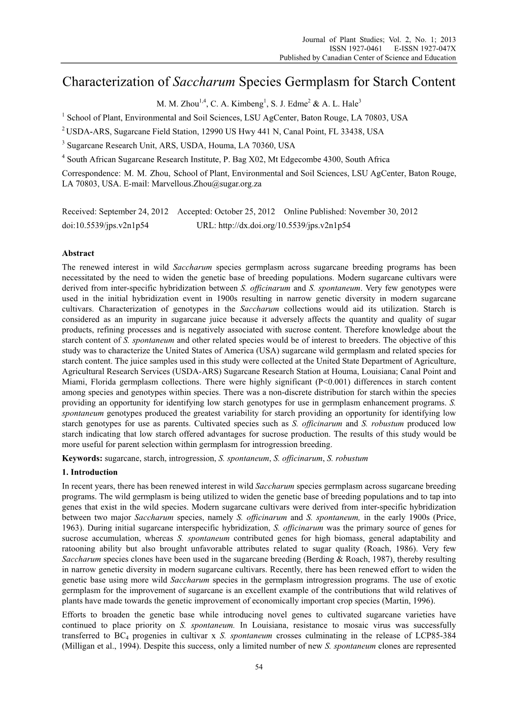 Characterization of Saccharum Species Germplasm for Starch Content