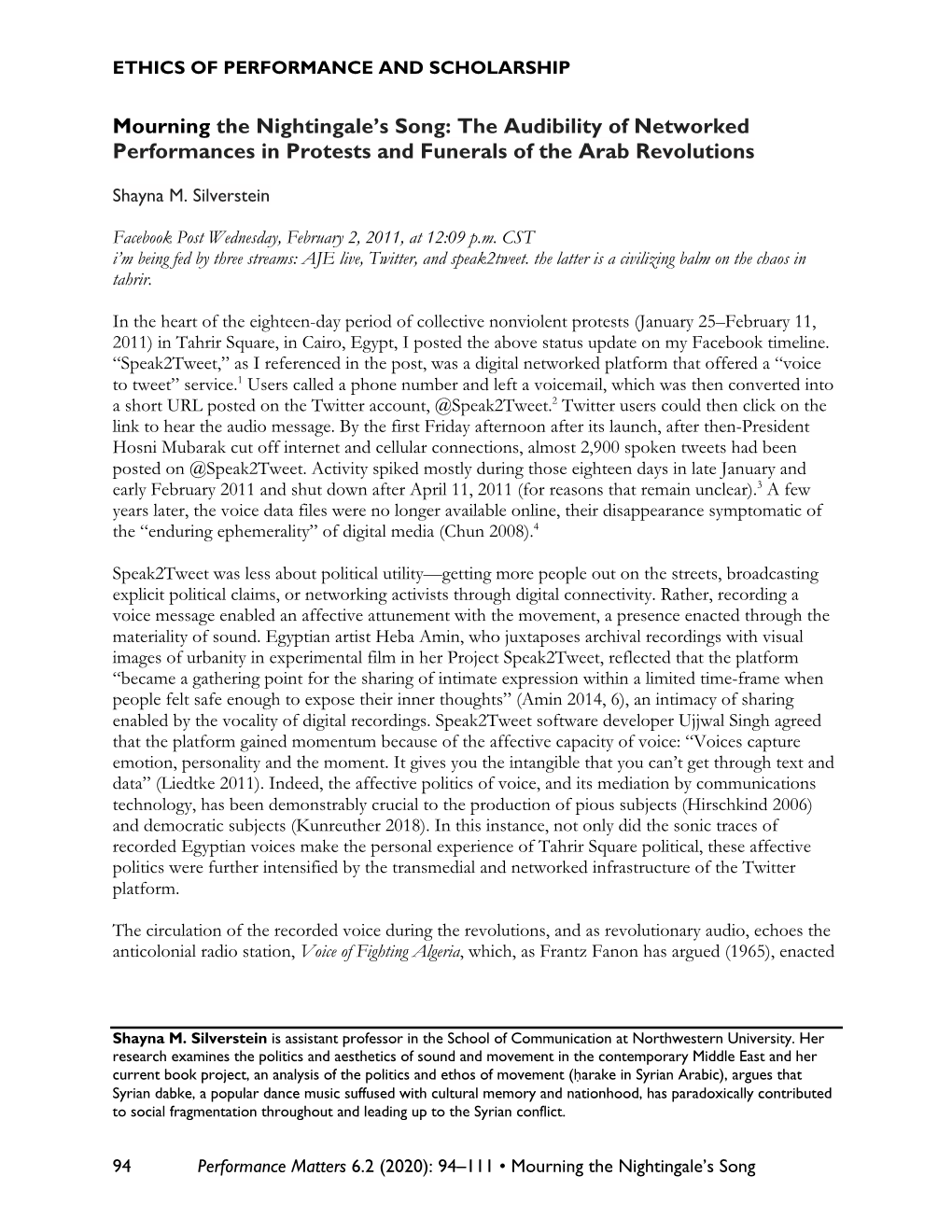 Mourning the Nightingale's Song: the Audibility of Networked Performances in Protests and Funerals of the Arab Revolutions