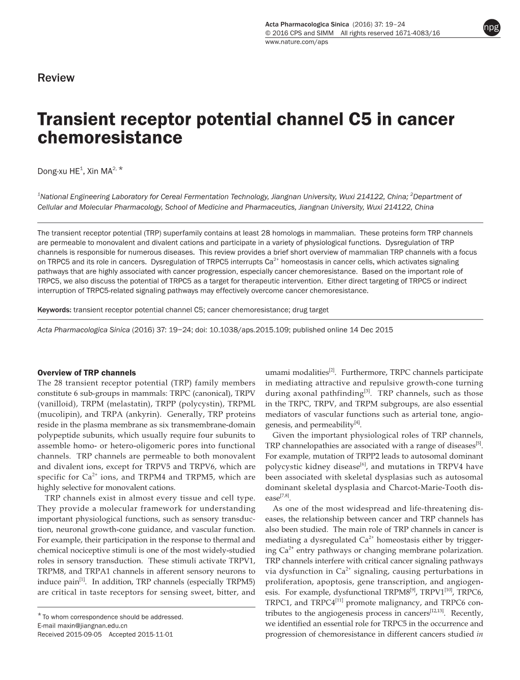 Transient Receptor Potential Channel C5 in Cancer Chemoresistance