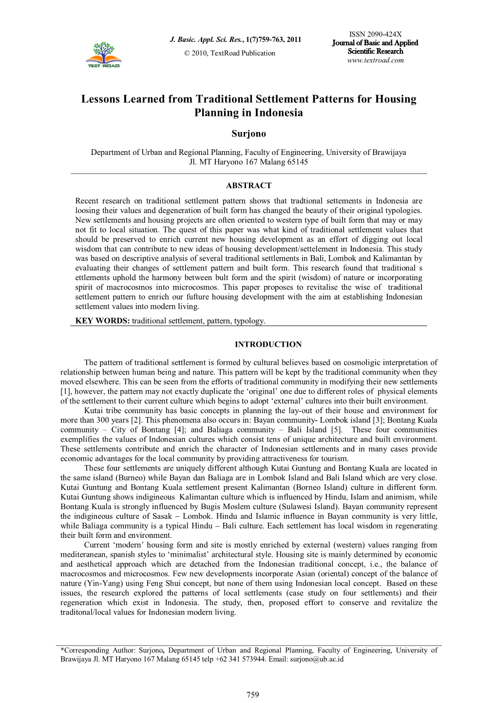 Lessons Learned from Traditional Settlement Patterns for Housing Planning in Indonesia