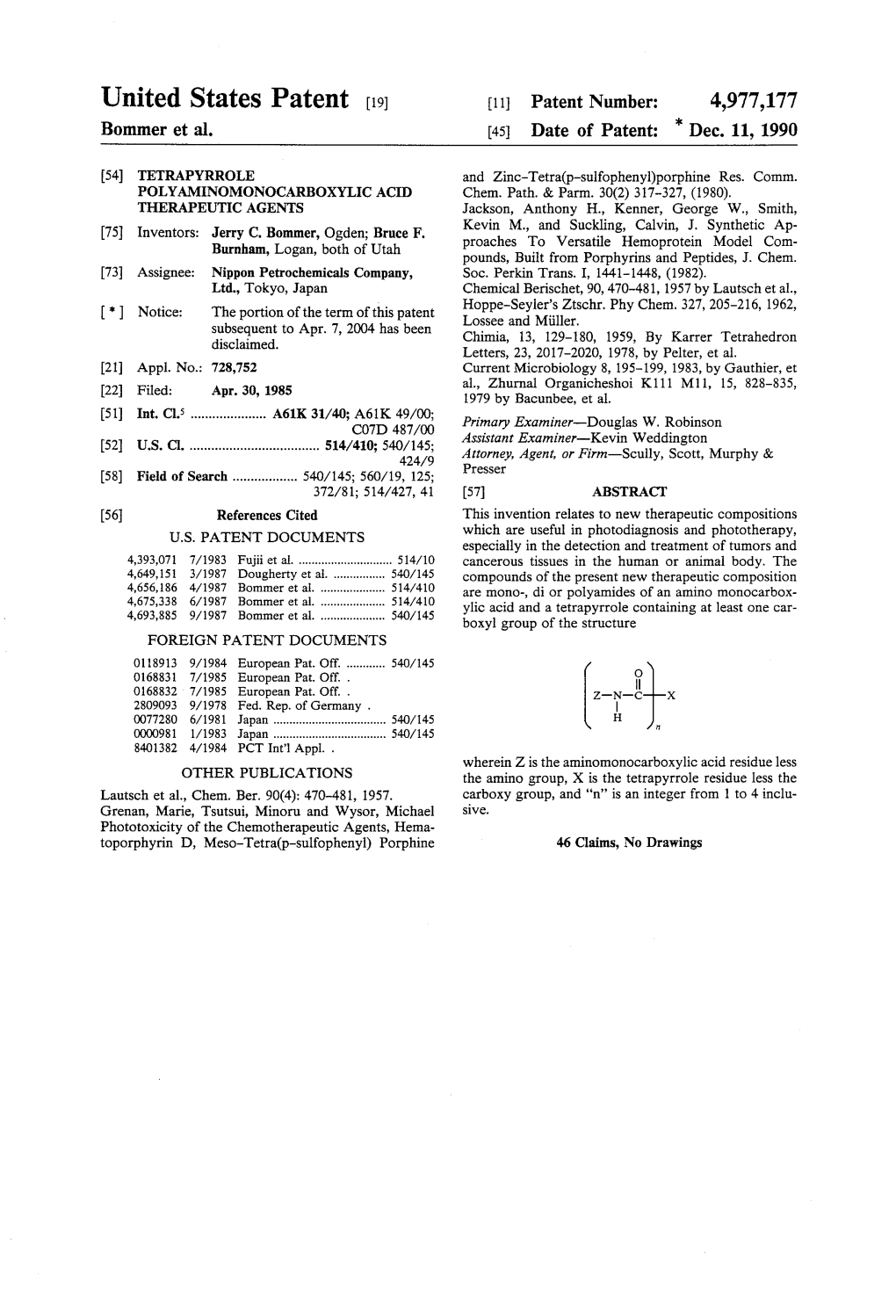 United States Patent (19) 11 Patent Number: 4,977,177 Bommer Et Al
