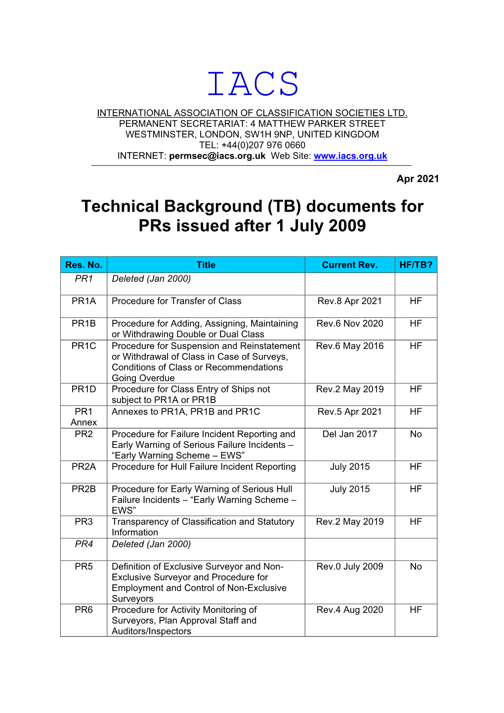 Technical Background (TB) Documents for Prs Issued After 1 July 2009