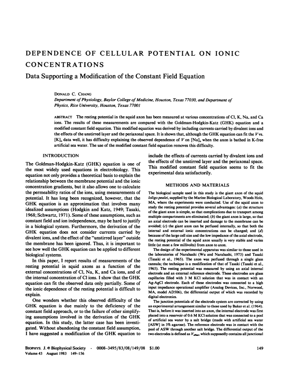 Dependence of Cellular Potential on Ionic Concentrations. Data Supporting a Modification of the Constant Field Equation