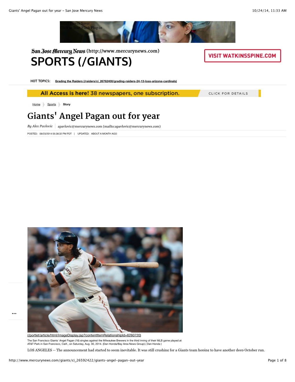 Giants' Angel Pagan out for Year - San Jose Mercury News 10/24/14, 11:33 AM