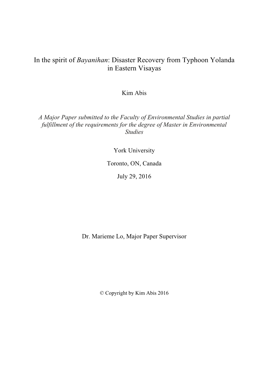 In the Spirit of Bayanihan: Disaster Recovery from Typhoon Yolanda in Eastern Visayas