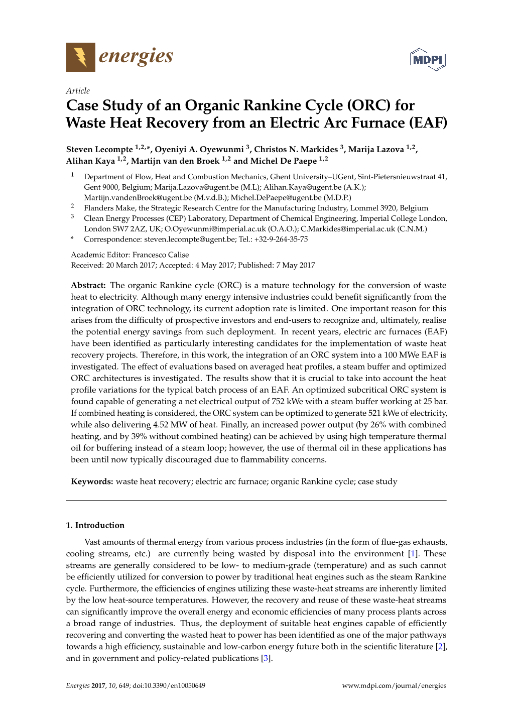 Case Study of an Organic Rankine Cycle (ORC) for Waste Heat Recovery from an Electric Arc Furnace (EAF)