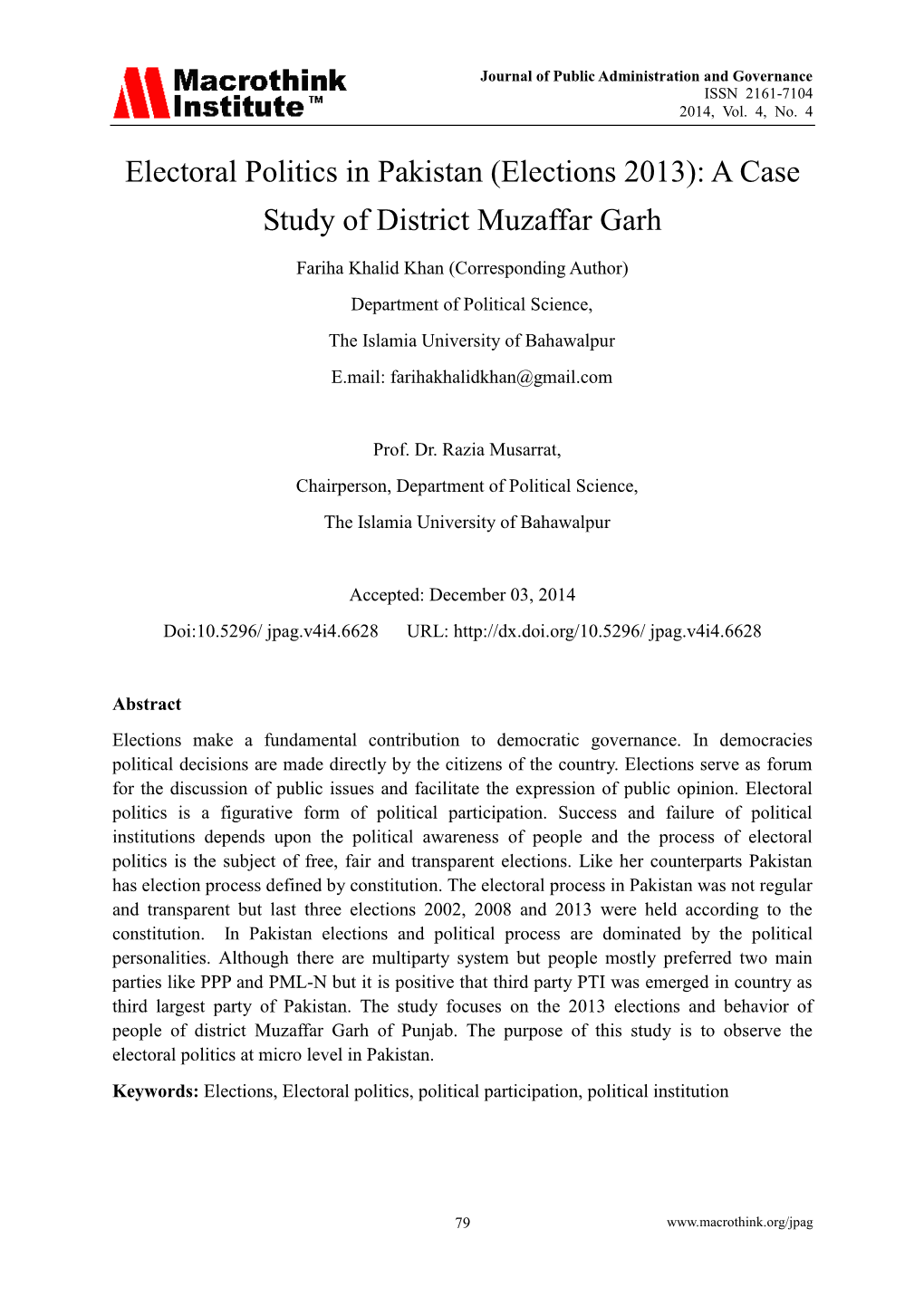 Electoral Politics in Pakistan (Elections 2013): a Case Study of District Muzaffar Garh