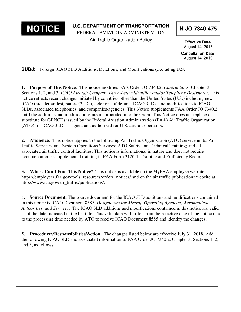 Foreign ICAO 3LD Additions, Deletions, and Modifications (Excluding U.S.)