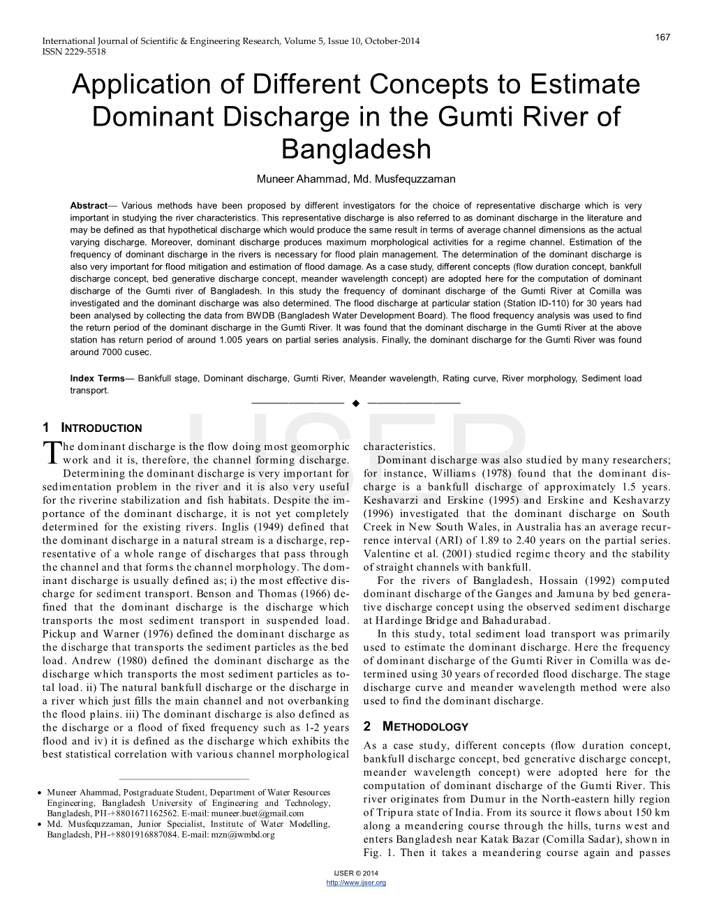 Application of Different Concepts to Estimate Dominant Discharge in the Gumti River of Bangladesh Muneer Ahammad, Md