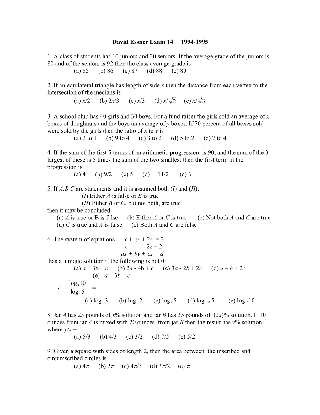 David Essner Exam 14 1994-1995