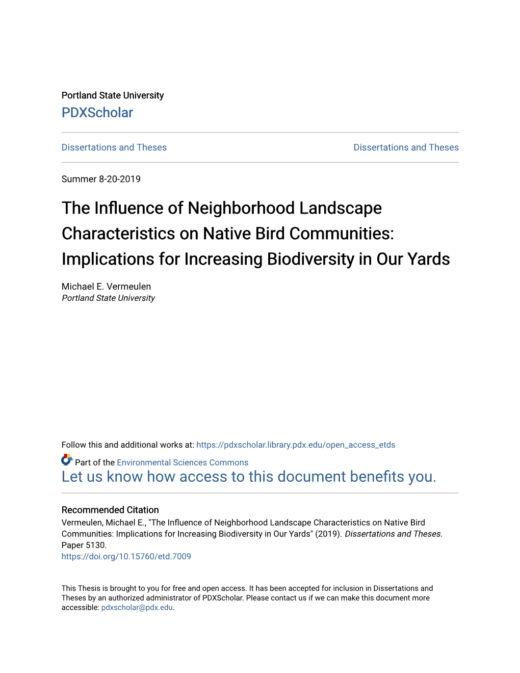 The Influence of Neighborhood Landscape Characteristics on Native Bird Communities: Implications for Increasing Biodiversity in Our Yards