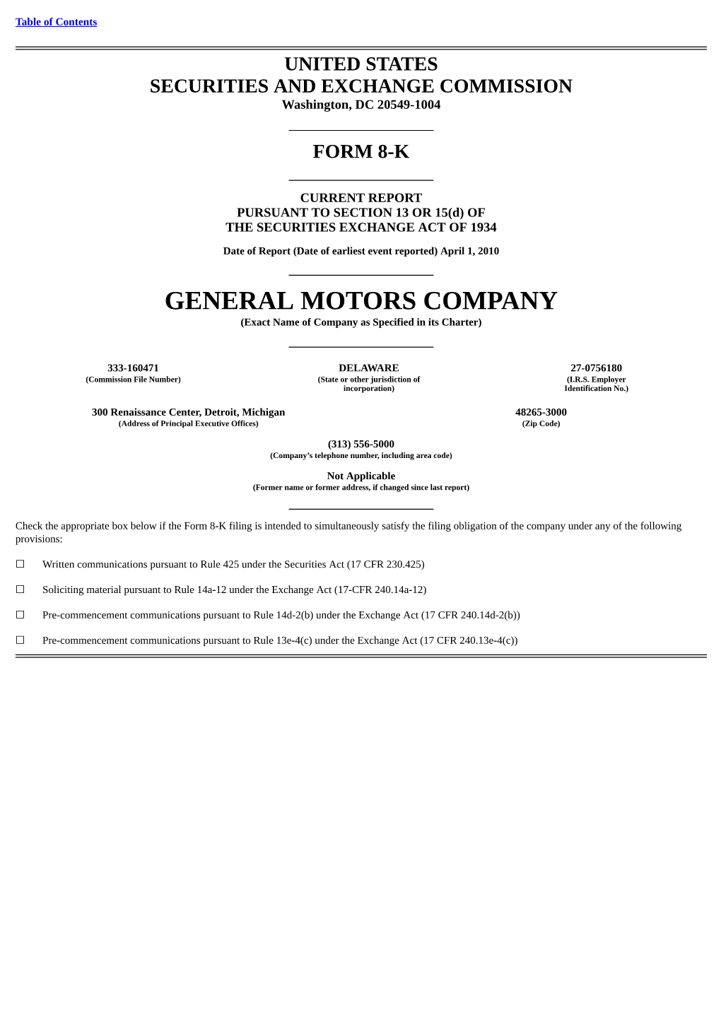 GENERAL MOTORS COMPANY (Exact Name of Company As Specified in Its Charter)
