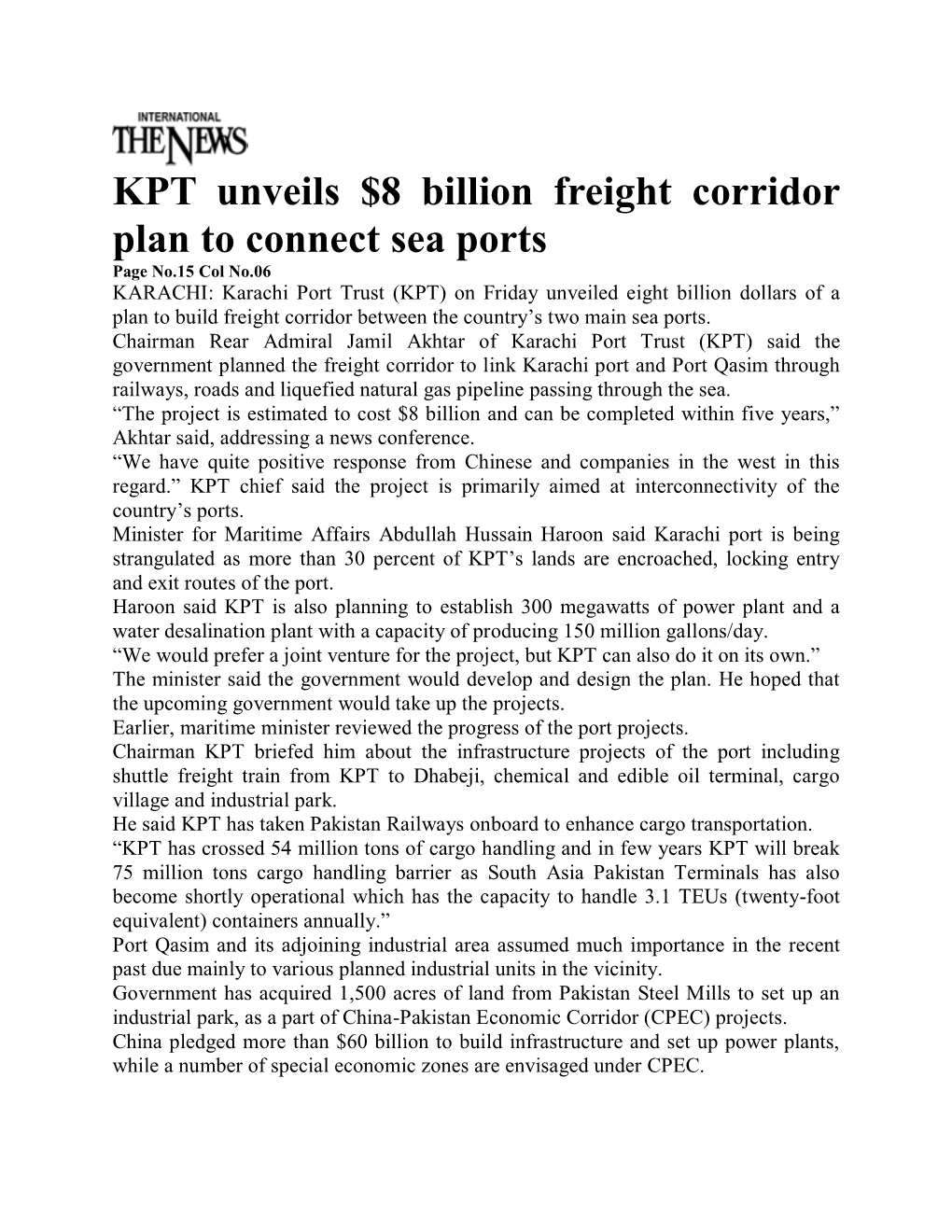 KPT Unveils $8 Billion Freight Corridor Plan to Connect Sea Ports