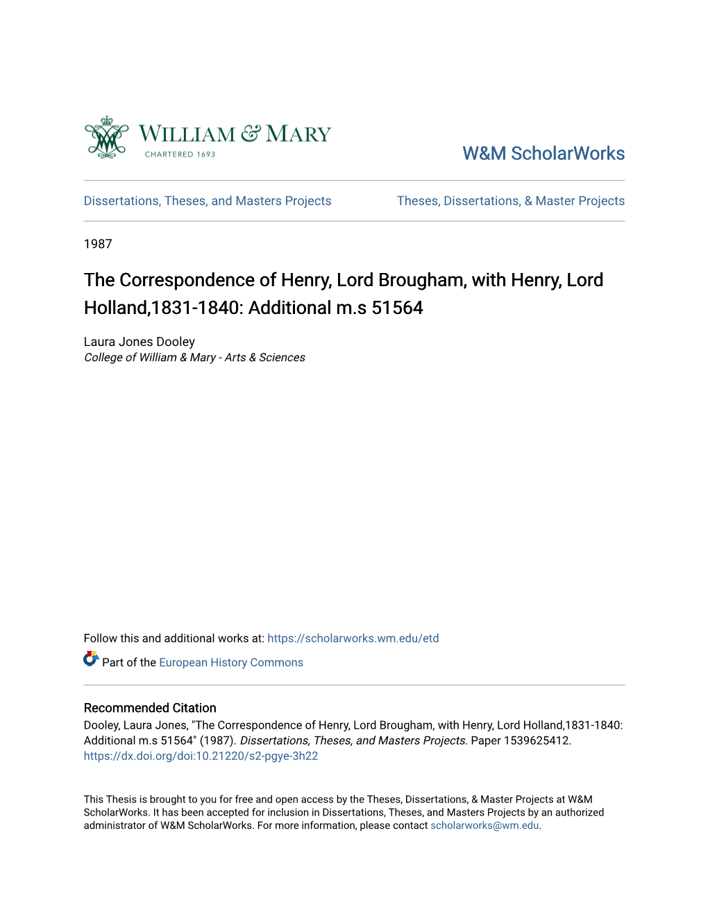 The Correspondence of Henry, Lord Brougham, with Henry, Lord Holland,1831-1840: Additional M.S 51564