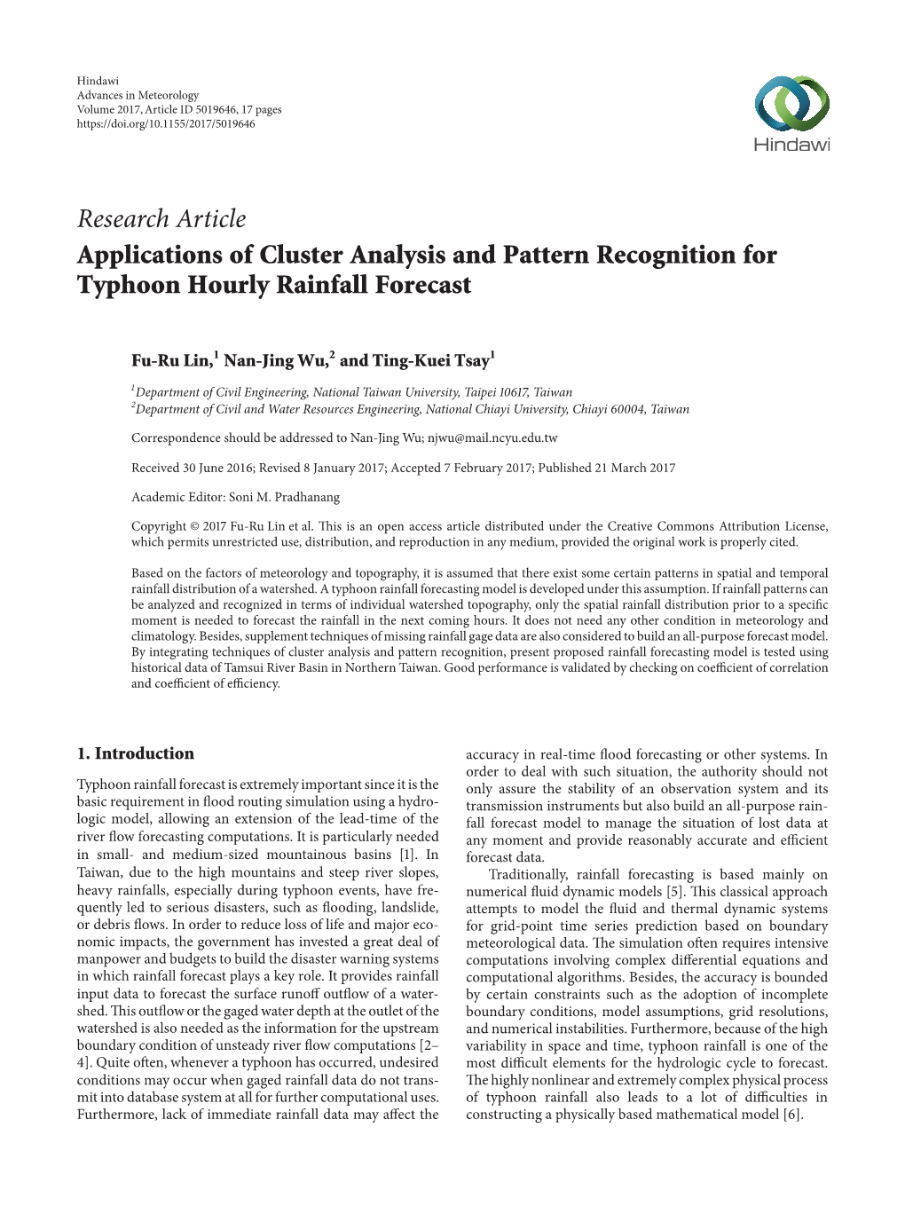 Research Article Applications of Cluster Analysis and Pattern Recognition for Typhoon Hourly Rainfall Forecast
