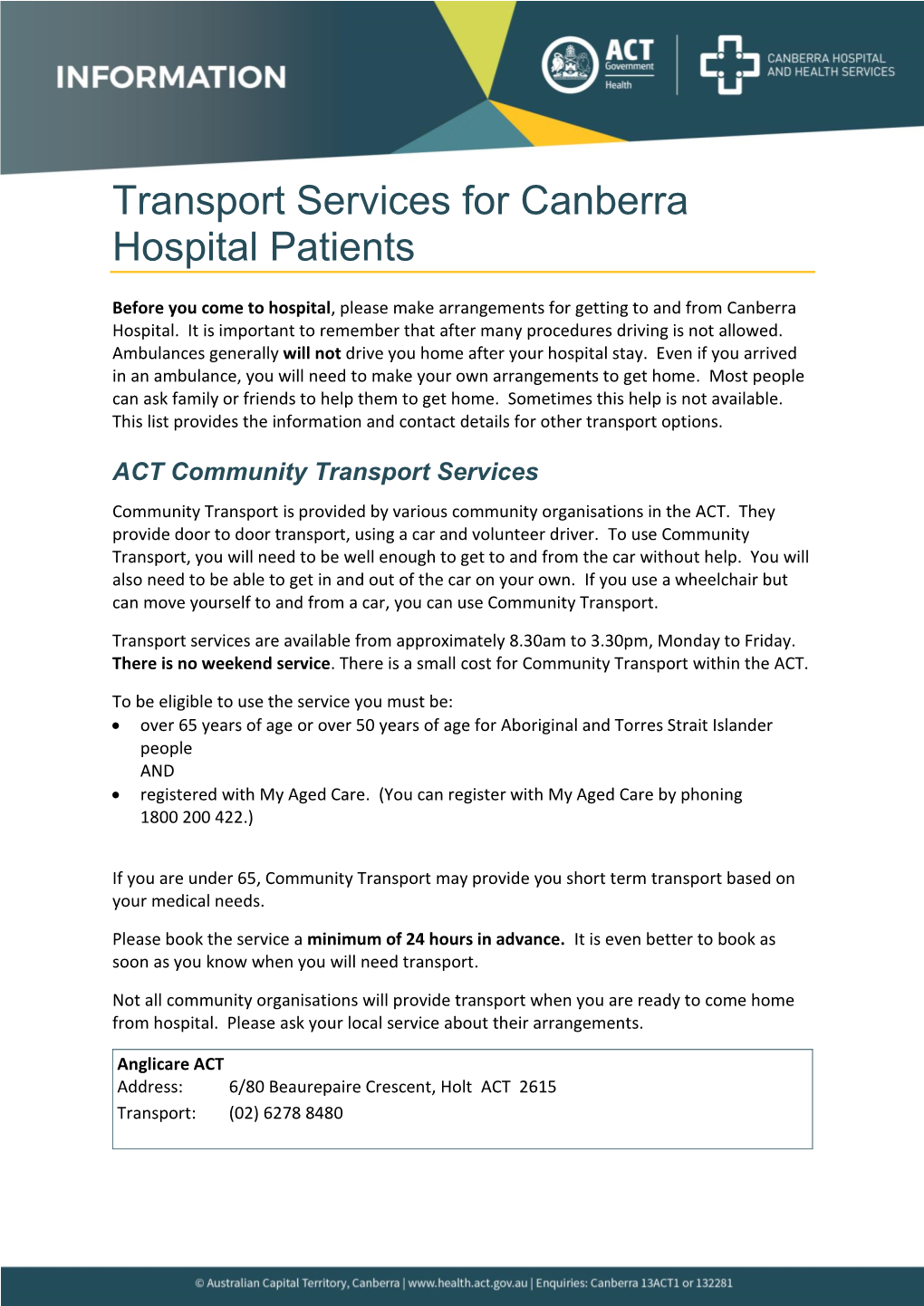 Transport Services for Canberra Hospital Patients