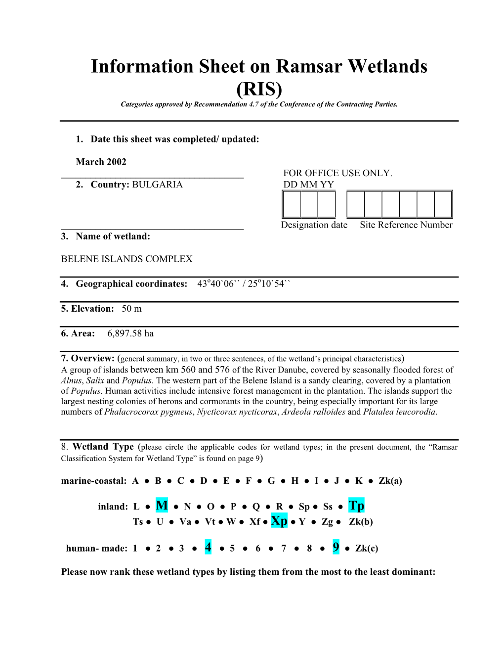 RIS) Categories Approved by Recommendation 4.7 of the Conference of the Contracting Parties