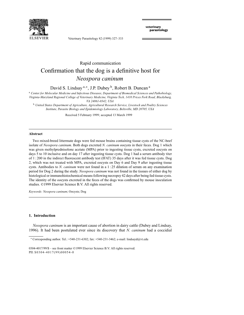 Confirmation That the Dog Is a Definitive Host for Neospora Caninum