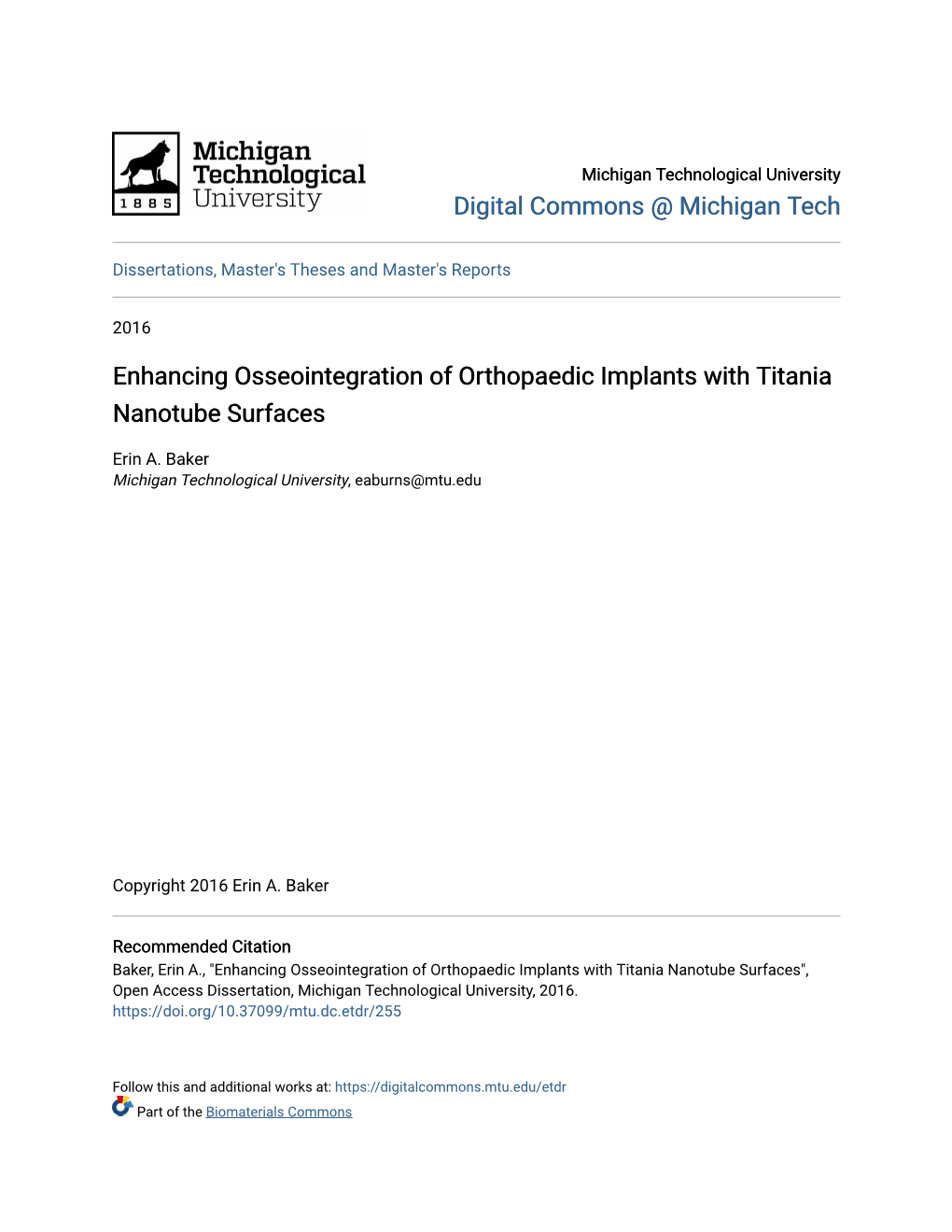 Enhancing Osseointegration of Orthopaedic Implants with Titania Nanotube Surfaces