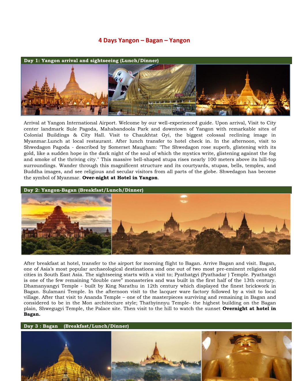 4 Days Yangon – Bagan – Yangon