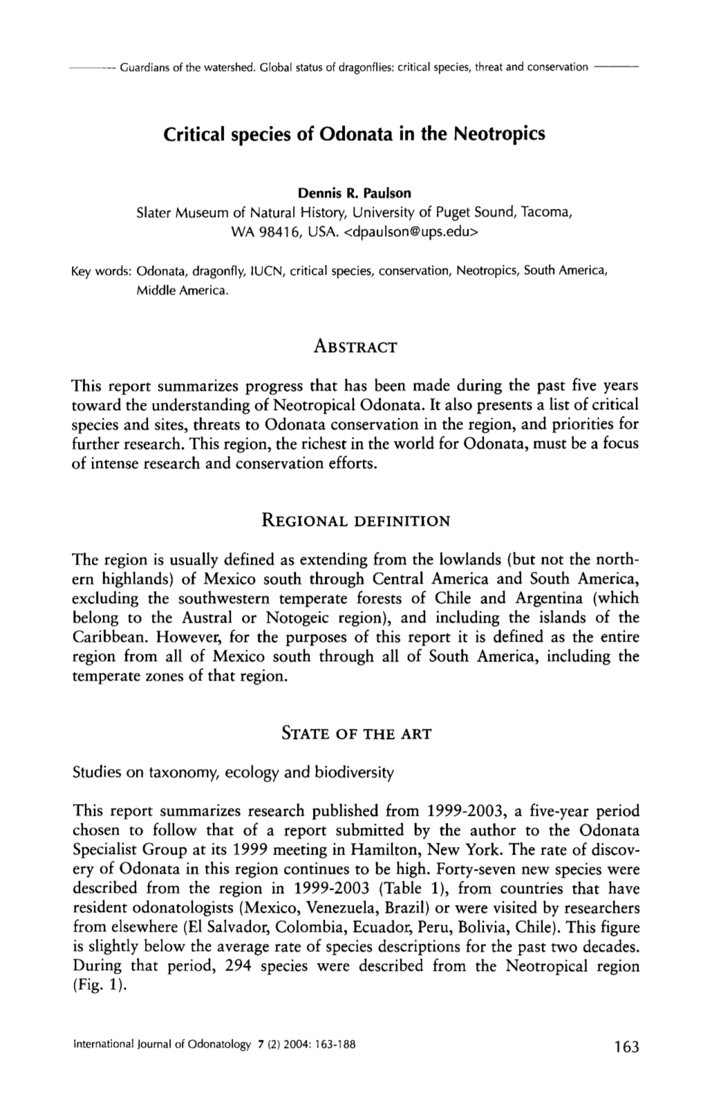 Critical Species of Odonata in the Neotropics