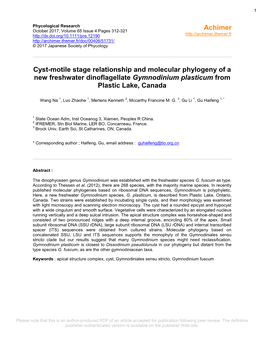 Cyst-Motile Stage Relationship and Molecular Phylogeny of a New Freshwater Dinoflagellate Gymnodinium Plasticum from Plastic Lake, Canada