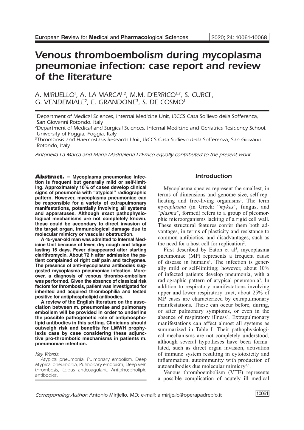 Venous Thromboembolism During Mycoplasma Pneumoniae Infection: Case Report and Review of the Literature