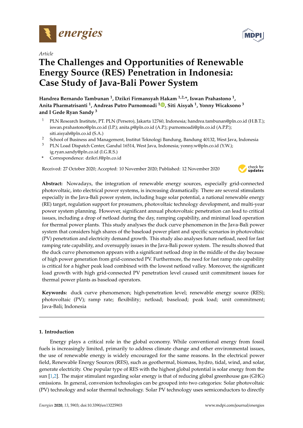 The Challenges and Opportunities of Renewable Energy Source (RES) Penetration in Indonesia: Case Study of Java-Bali Power System