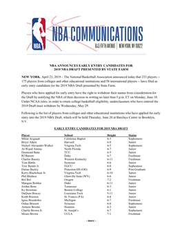 Nba Announces Early Entry Candidates for 2019 Nba Draft Presented by State Farm