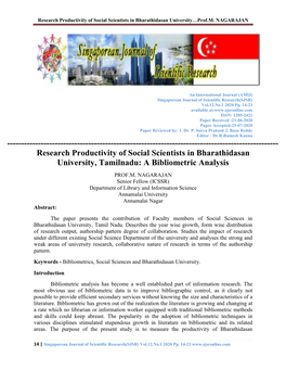 Page 1 Research Productivity of Social Scientists in Bharathidasan