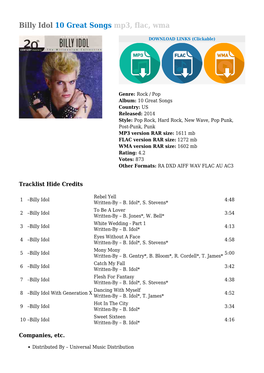 Billy Idol 10 Great Songs Mp3, Flac, Wma