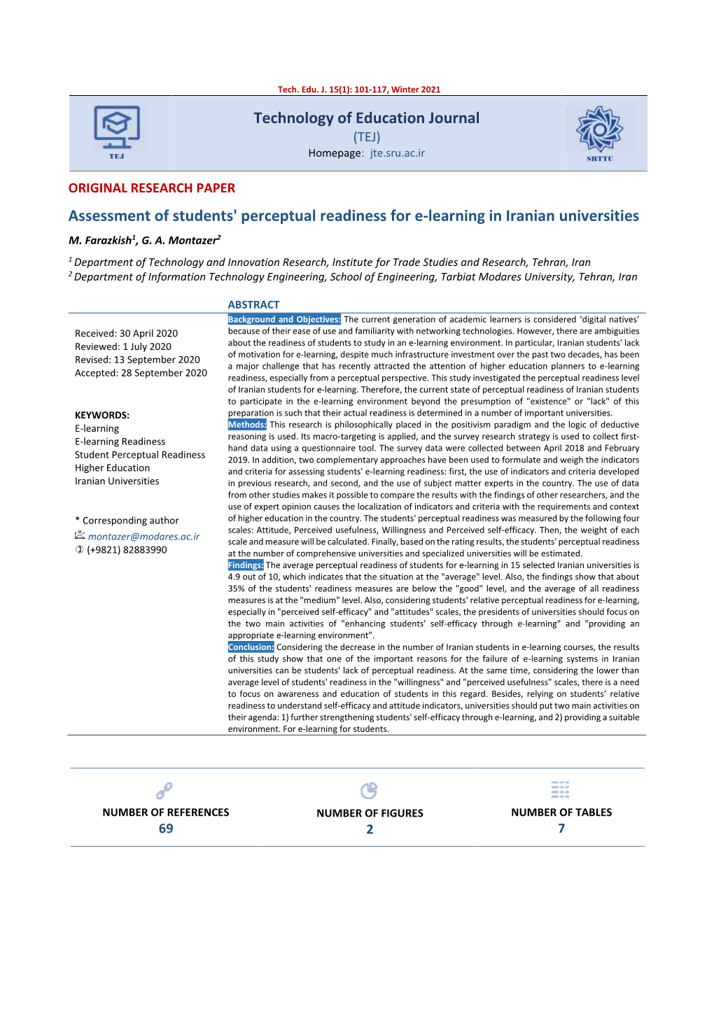 Assessment of Students' Perceptual Readiness for E-Learning in Iranian Universities M