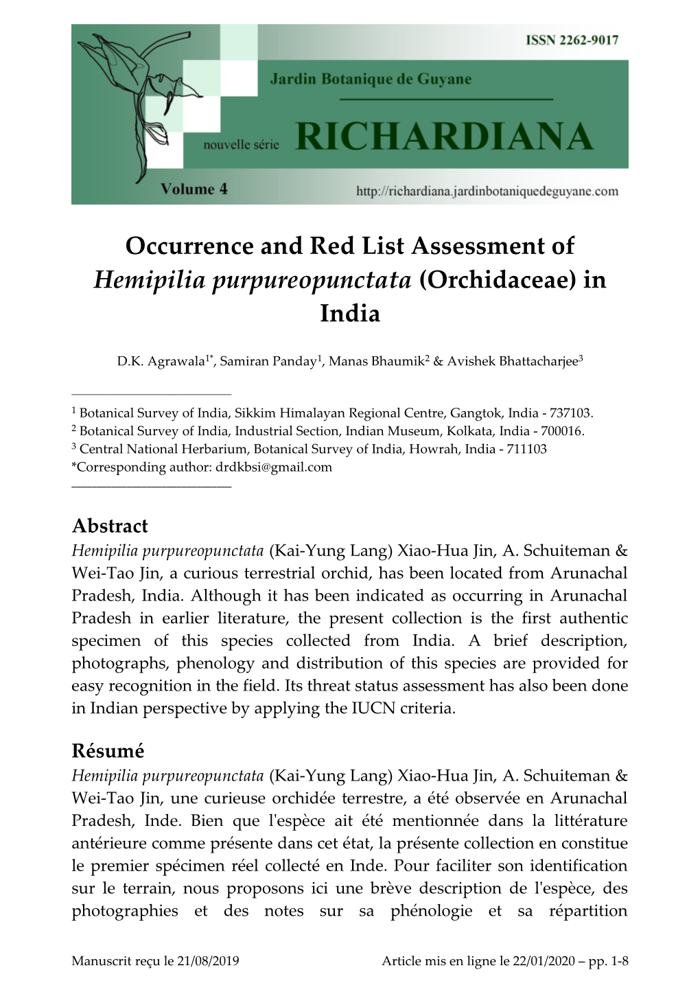 Occurrence and Red List Assessment of Hemipilia Purpureopunctata (Orchidaceae) in India