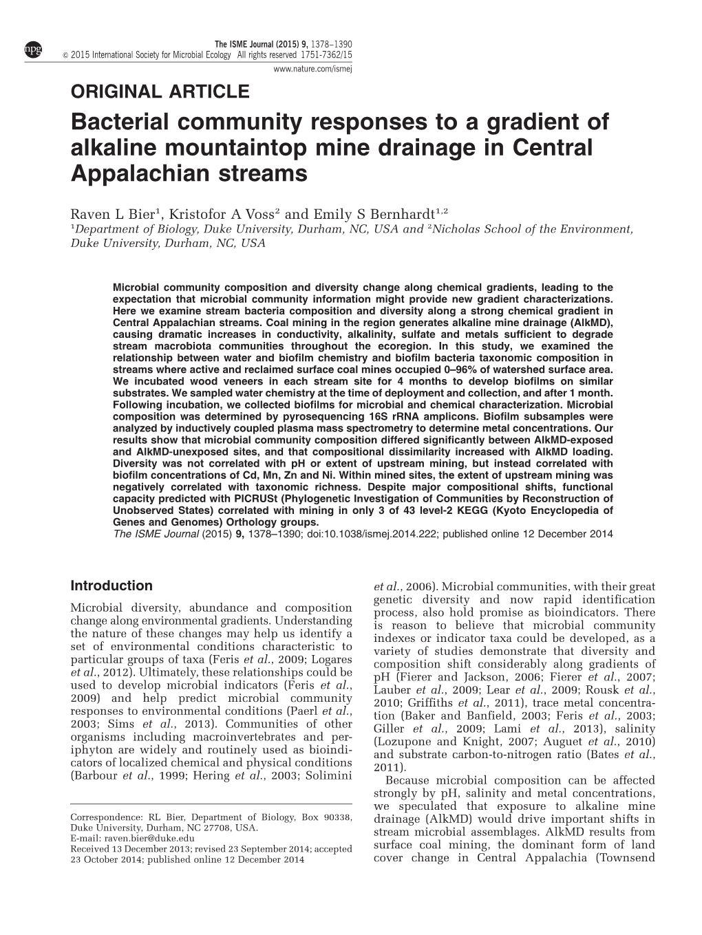 Bacterial Community Responses to a Gradient of Alkaline Mountaintop Mine Drainage in Central Appalachian Streams