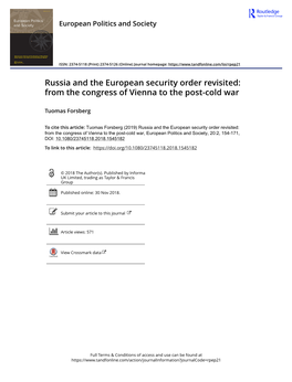 Russia and the European Security Order Revisited: from the Congress of Vienna to the Post-Cold War