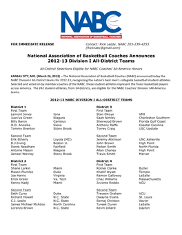 National Association of Basketball Coaches Announces 2012-13 Division I All-District Teams